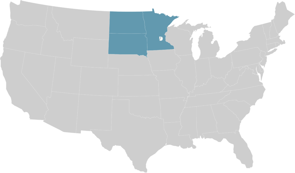 Map highlighting Minnesota, North Dakota, South Dakota